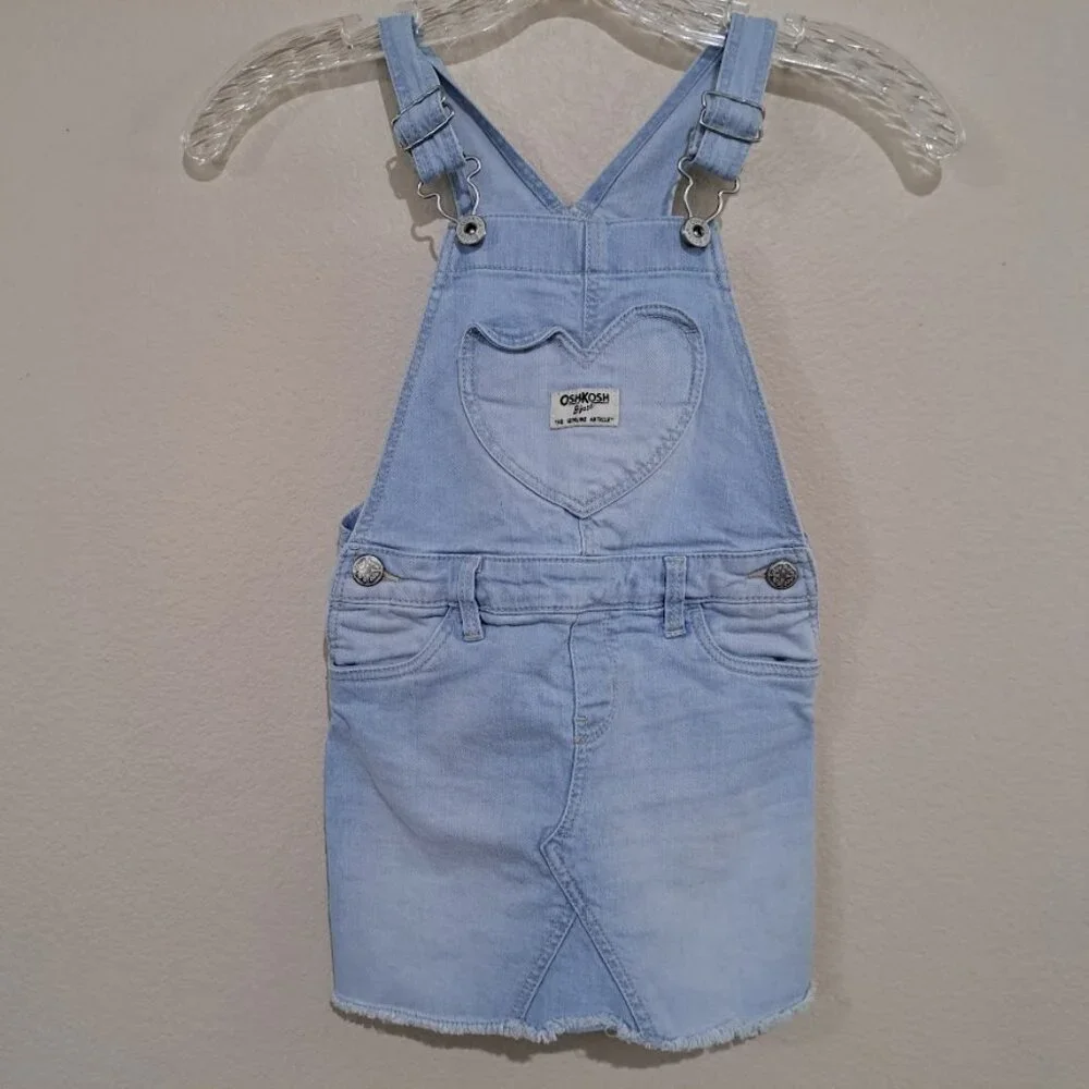 OSHKOSH B'GOSH DENIM OVERALL DRESS SKIRT WITH HEART SHAPED BIB POCKET FRAYED HEM